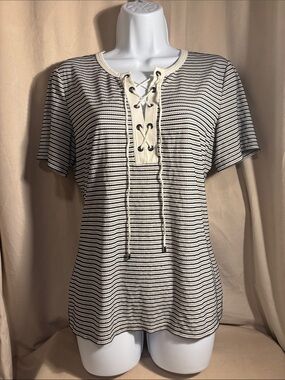 St. John Striped Y2K Lace-Up Short Sleeve Tee in Cream & Black